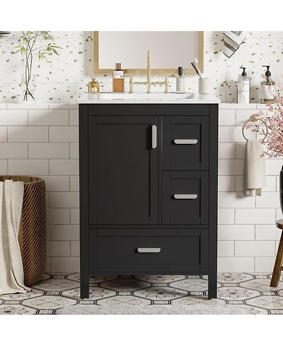 Thirtypeachy 24" Modern Solid Wood Mdf Vanity With Ceramic Sink, 3 Drawers Soft-Close Door Double Shelf, Zinc Handle