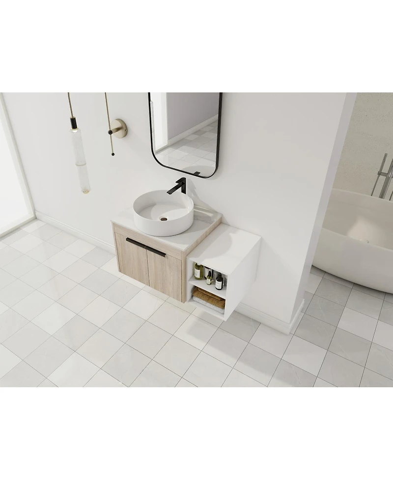Sillysis Wall Mounted Bathroom Vanity with Ceramic Vessel Sink, Side Storage Shelf, Soft Close Doors