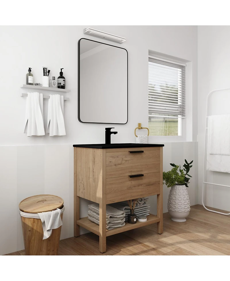 Sillysis Freestanding Bathroom Vanity with Ceramic Sink, Modern Soft Close Drawers, Open Storage Shelf, Plywood Base
