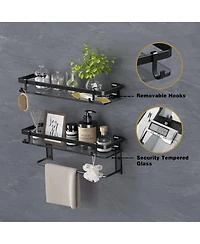 Phying 15.7 Inch 2 Tier Wall Mounted Tempered Glass Bathroom Shelf Multifunctional Bathroom Storage Organizer With Towel Bar For Bathroom
