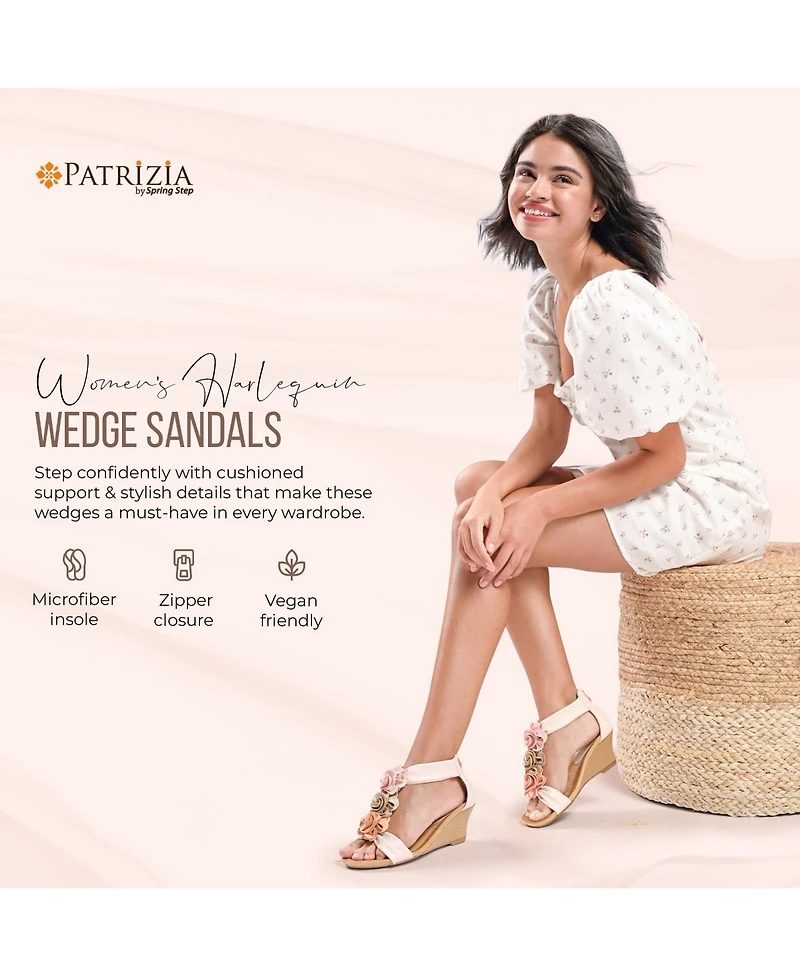 Patrizia Harlequin Women's Ankle Strap Wedge with Floral Embroidery