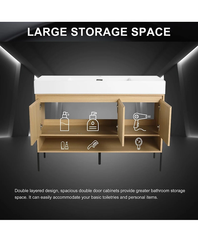 Sillysis 47 Inch Freestanding Bathroom Vanity with Resin Basin, Double Doors, Large Storage, Open Shelf for Modern Bathrooms