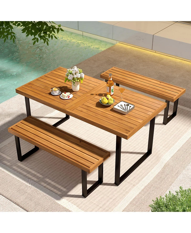 Sugift 3-Piece Acacia Wood and Metal Patio Dining Table Set
