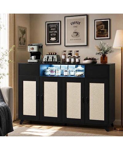 homfan Modern Boho Rattan Sideboard Buffet, 4-Door 2-Drawer Credenza with Built-in Outlets, Led Lighting and Adjustable Shelves for Multi-Room Storage