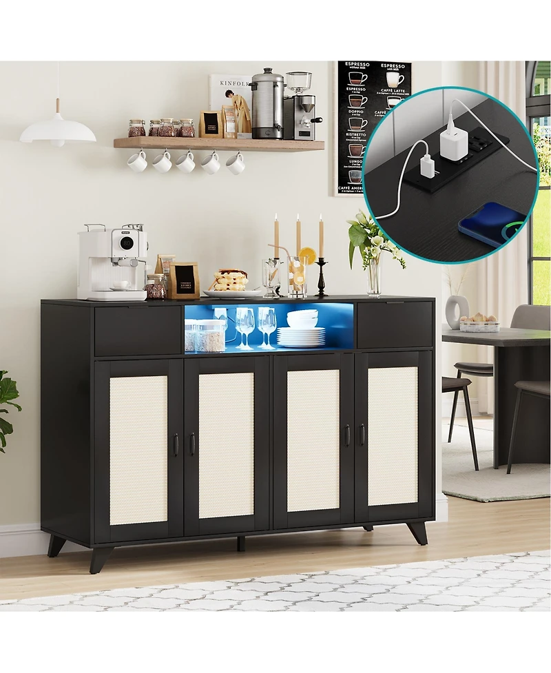homfan Modern Boho Rattan Sideboard Buffet, 4-Door 2-Drawer Credenza with Built-in Outlets, Led Lighting and Adjustable Shelves for Multi-Room Storage