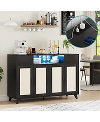 homfan Modern Boho Rattan Sideboard Buffet, 4-Door 2-Drawer Credenza with Built-in Outlets, Led Lighting and Adjustable Shelves for Multi-Room Storage