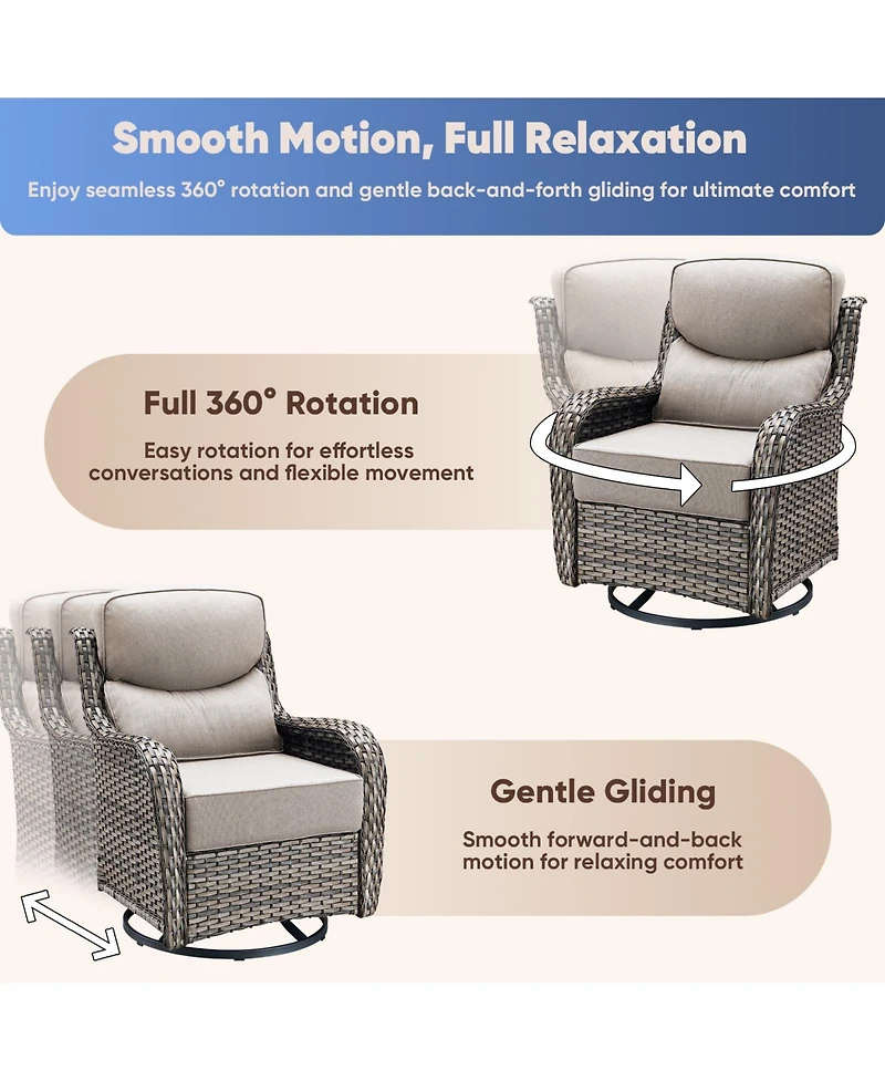 Pocassy Patio Rocking Swivel Chair with Fire Pit Table Outdoor Wicker Rattan Bistro Set Tempered Glass Side