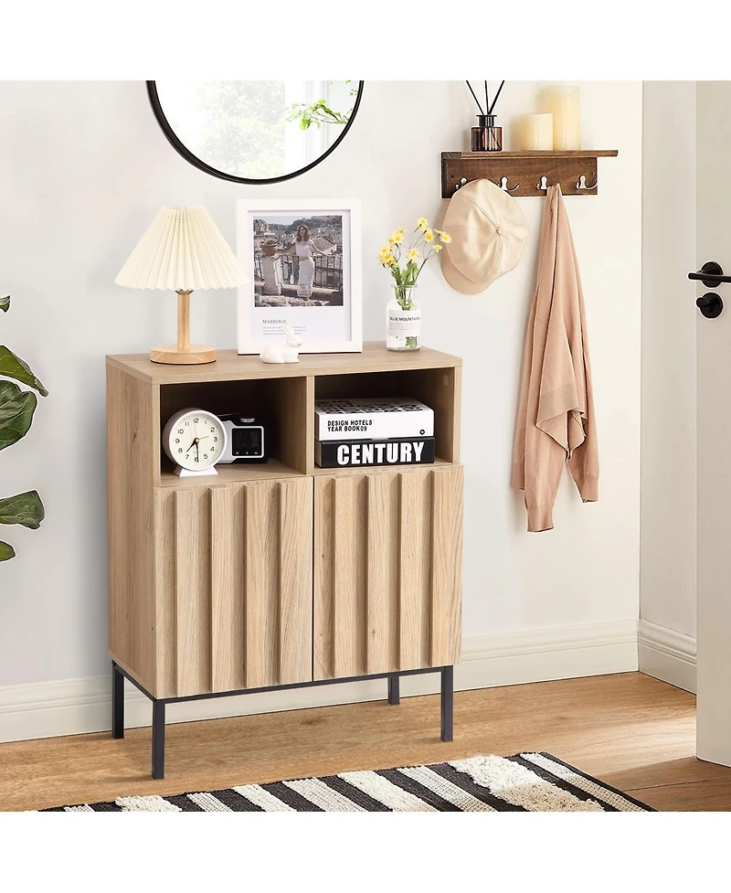 homfan Modern Industrial Entryway Storage Cabinet, Fluted Panel Door, Adjustable Shelves, Metal Legs, Buffet Sideboard