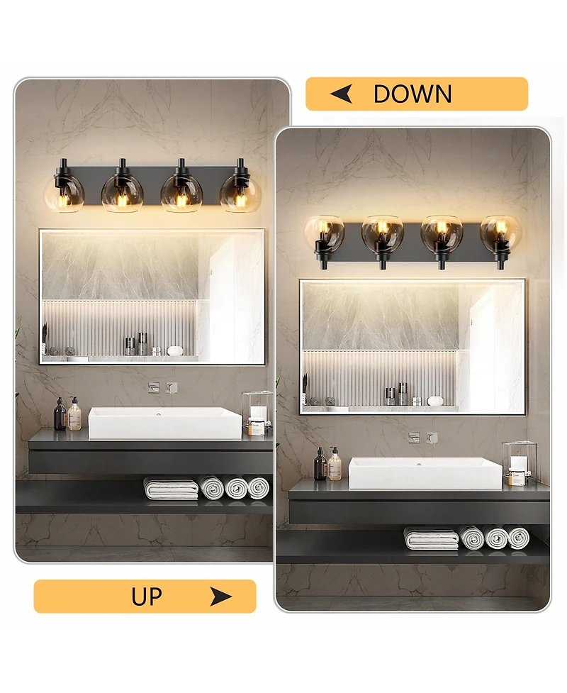 Midola Industrial Bathroom Vanity Light, 4-Light Bathroom Lights Over Mirror with Clear Glass Globe Shade and Metal Base