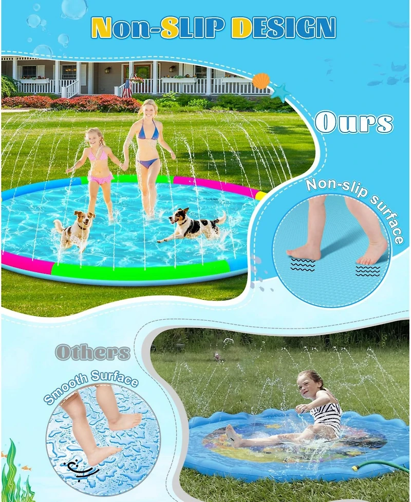 Aofar 118" Splash Pad Sprinkler Pool Outdoor Play Mat Pets Adults