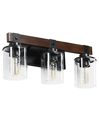 Midola 19" Rustic 3-Light Vanity Light, Industrial Bathroom Wall Sconce with Glass Shades and Wood Accent, Modern Farmhouse Lighting Fixture