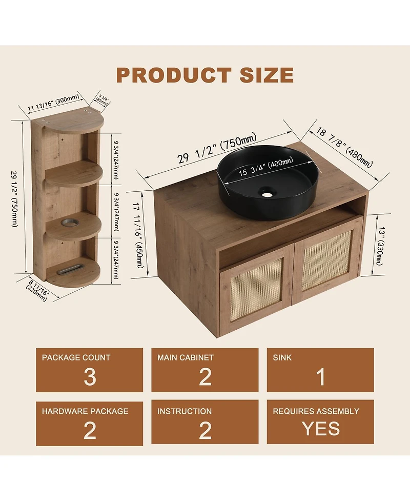 Sillysis Wall Mounted Modern Bathroom Vanity Set, Vessel Ceramic Sink, Storage Rack with Open Shelves