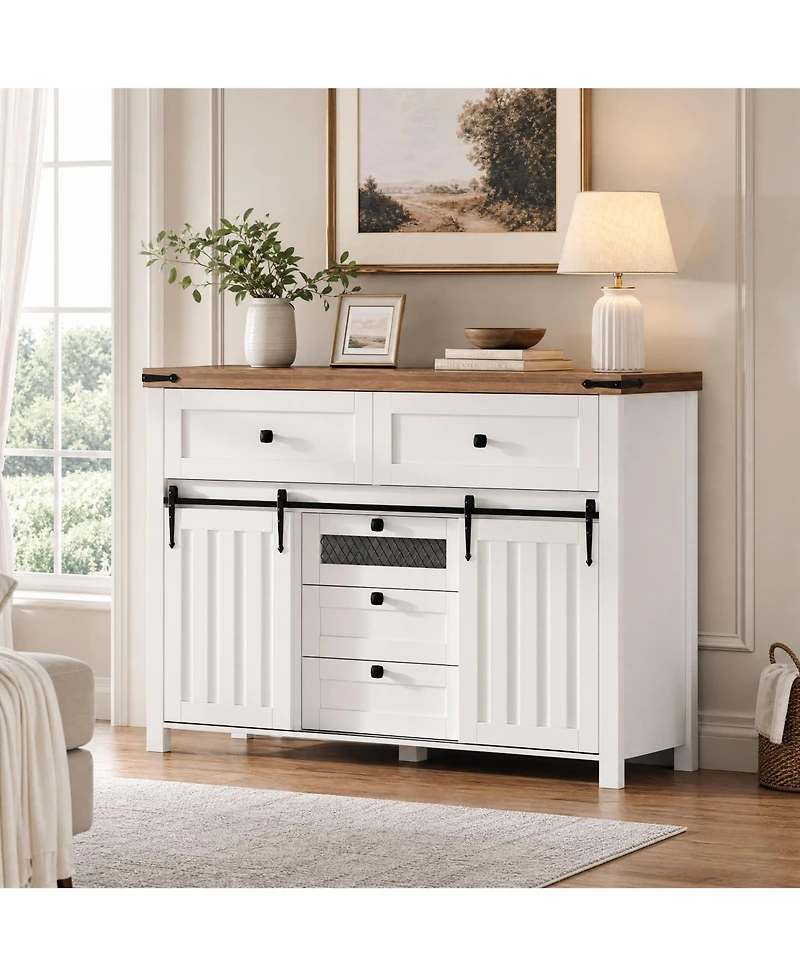 homfan Barn Door Storage Cabinet with 5 Drawers, Farmhouse Accent Cabinet with Shelves for Living Room Entryway Dining Room