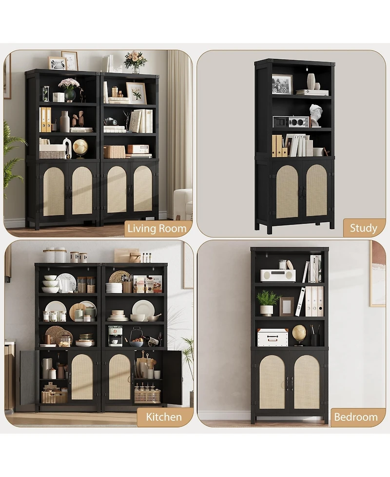 homfan 71 Inch Rustic Farmhouse 5-Tier Bookshelf with Doors, Adjustable Shelves and Storage Cabinets, Freestanding Display Organizer for Living Room
