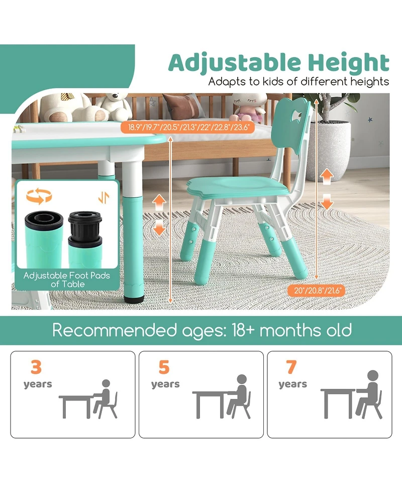 Gouun Kids 4-Seat Table and Chairs Set with Adjustable Heights and Graffiti Top