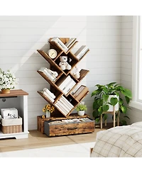 Gaomon Tree Bookshelf with Led Lights, 7-Tier Bookcase with Fabric Drawer, Narrow Industrial Floor Standing Storage Rack for Small Spaces