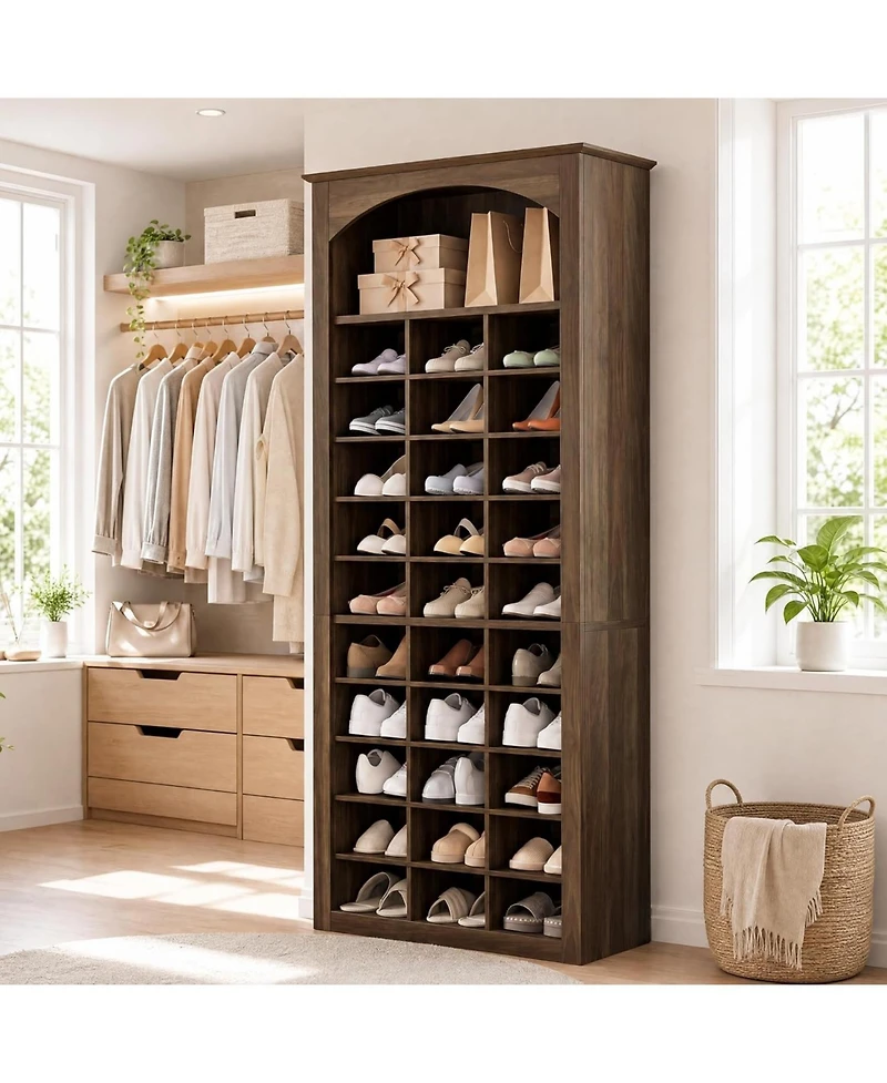 Tribesigns Tall Shoe Cabinet, 30-Cube Large Capacity Shoe Organizer with Arched Display Shelf, Rustic Entryway Storage