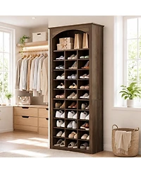 Tribesigns Tall Shoe Cabinet, 30-Cube Large Capacity Shoe Organizer with Arched Display Shelf, Rustic Entryway Storage