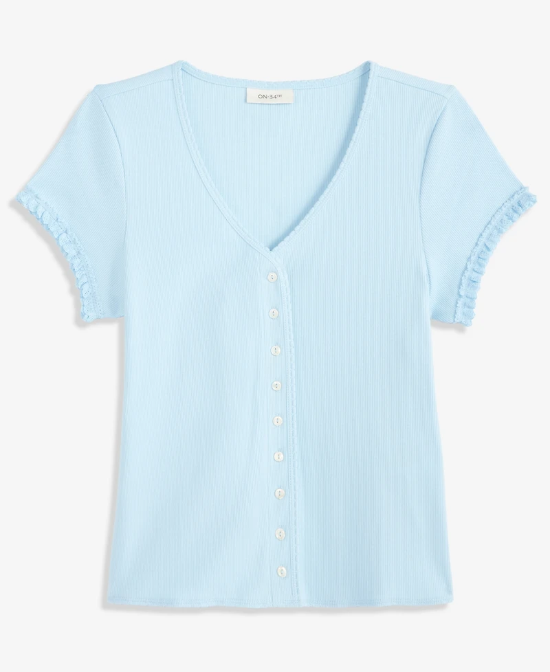 On 34th Women's Ruffle-Trim Button-Front Short-Sleeve Ribbed Top, Macy's Exclusive