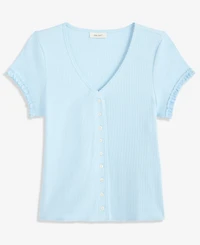 On 34th Women's Ruffle-Trim Button-Front Short-Sleeve Ribbed Top, Macy's Exclusive