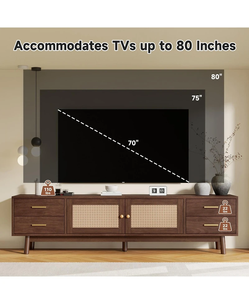 Rainsken 70'' Modern Rattan Tv Stand, for TVs up to 80'', 4 Drawers and Cable Holes, Rattan-inspired Media Console Table, for Living room, Bedroom