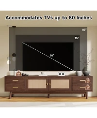 Rainsken 70'' Modern Rattan Tv Stand, for TVs up to 80'', 4 Drawers and Cable Holes, Rattan-inspired Media Console Table, for Living room, Bedroom