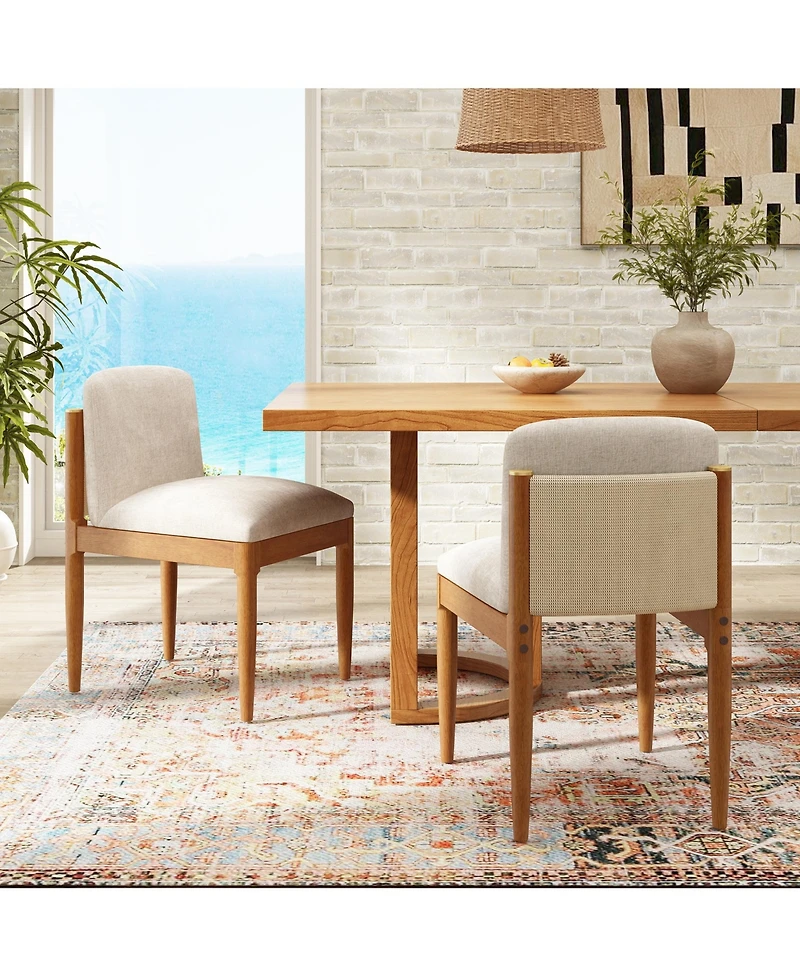 Rainsken Modern Dining Chairs Set of 2, Upholstered Kitchen Chair with Woven Rope Backrest and Rubberwood Legs for Living Room