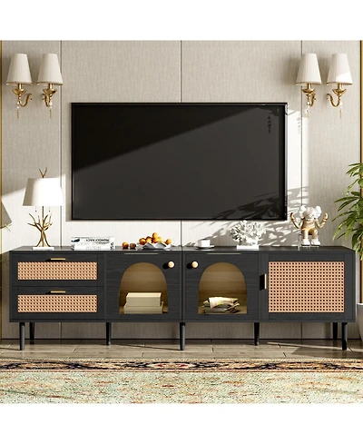 Rainsken 71'' Led Rattan Tv Stand, with 3 Cabinets and 2 Drawers, for TVs up to 80'', Rattan-inspired Media Console Table, for Living room, Bedroom