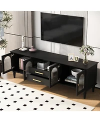 Rainsken 68.9'' Retro Tv Stand, with Fluted Glass Doors, for TVs up to 75 Inches, Entertainment Center Media Console Table, for Living room, Bedroom