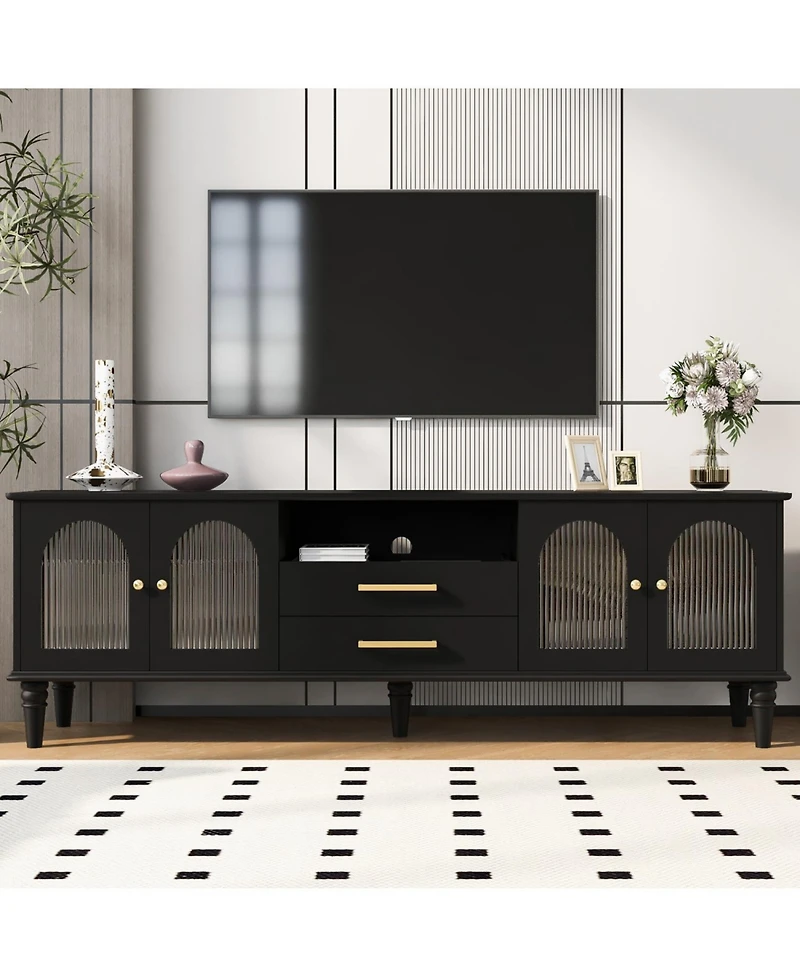 Rainsken 68.9'' Retro Tv Stand, with Fluted Glass Doors, for TVs up to 75 Inches, Entertainment Center Media Console Table, for Living room, Bedroom