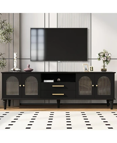 Rainsken 68.9'' Retro Tv Stand, with Fluted Glass Doors, for TVs up to 75 Inches, Entertainment Center Media Console Table, for Living room, Bedroom