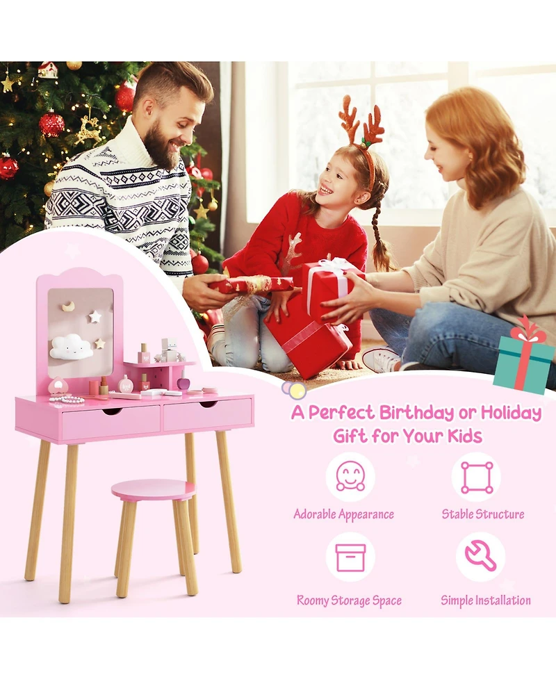 Gouun Kids 2-in-1 Vanity Desk and Stool Set with Detachable Mirror and 2 Drawers
