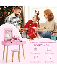 Gouun Kids 2-in-1 Vanity Desk and Stool Set with Detachable Mirror and 2 Drawers