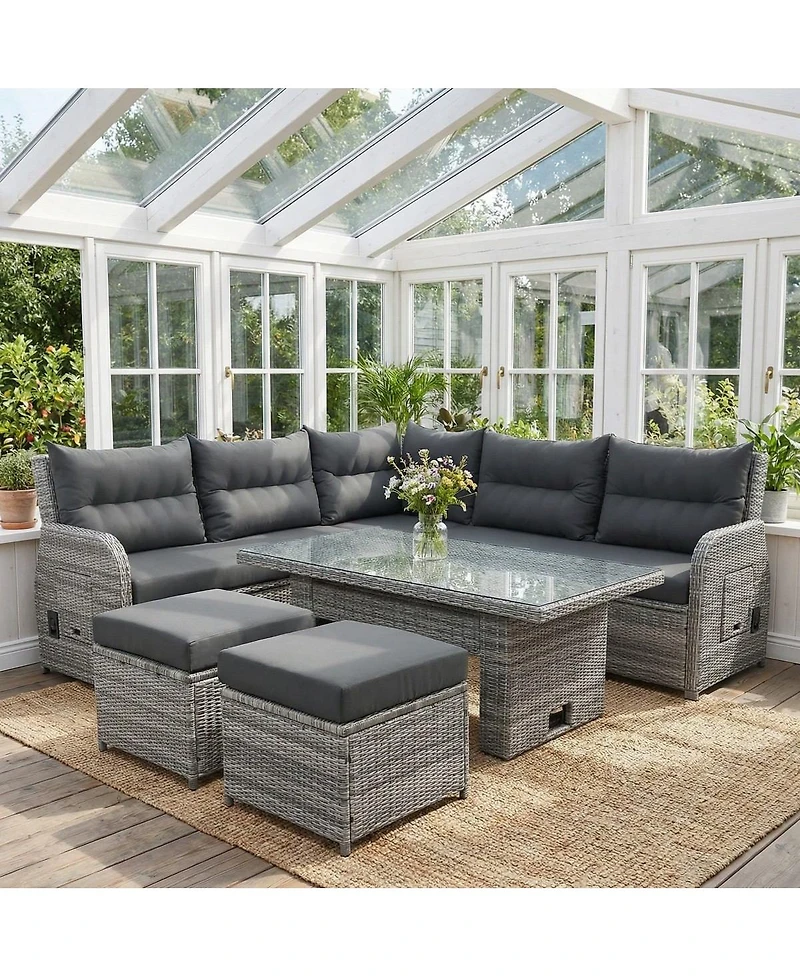 Asagikoiai Outdoor Rattan Sectional Sofa Set with Adjustable Table and Recliners and Ottomans