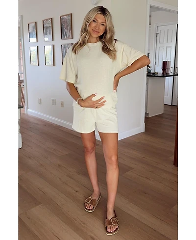 Pinkblush Maternity Cream Ribbed Short Sleeve Short Set