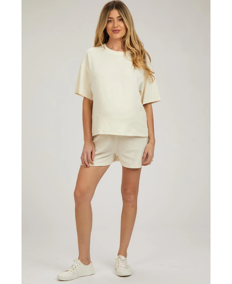 Pinkblush Maternity Cream Ribbed Short Sleeve Short Set