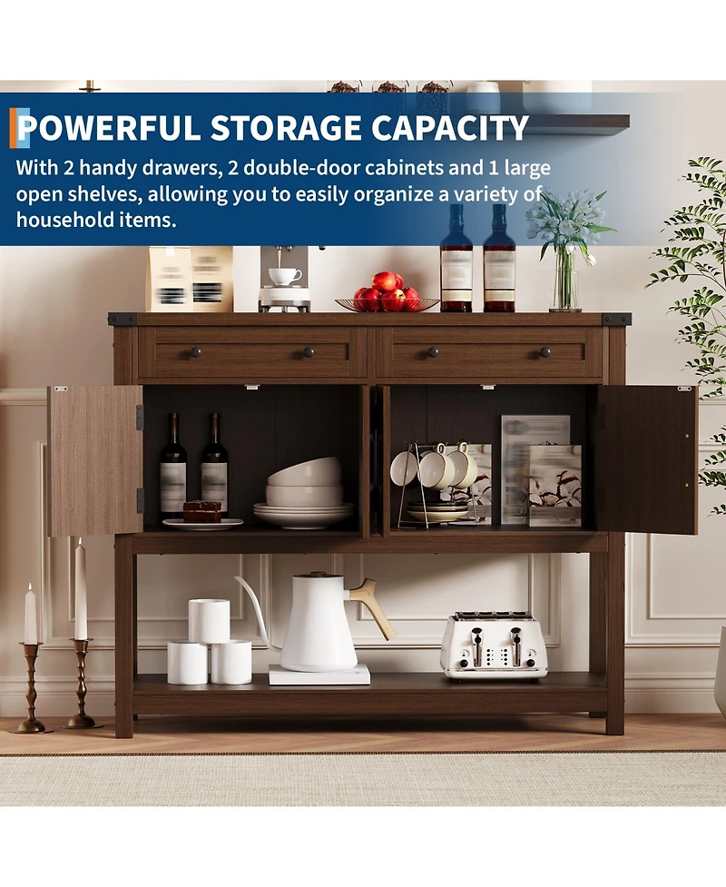 homfan 47 Inch Modern Farmhouse Wooden Console, Sideboard Buffet with 2 Drawers, 4 Barn Doors and Open Shelf for Multi-Room Storage