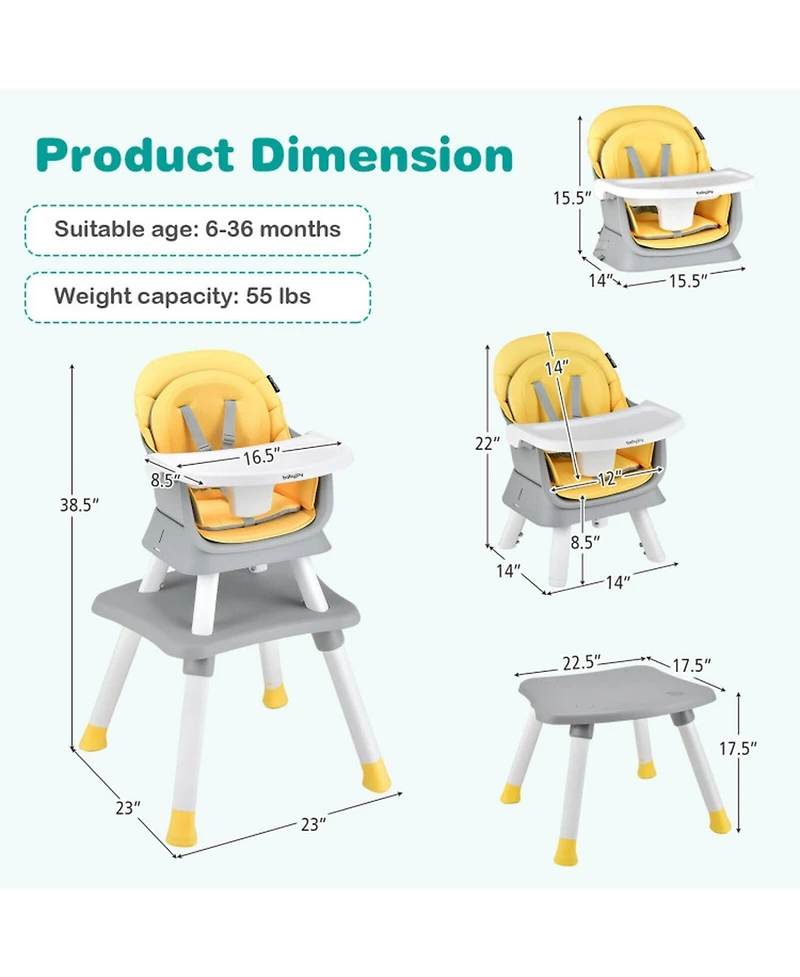 Gouun Baby 6-in-1 Convertible Baby High Chair with Adjustable Tray