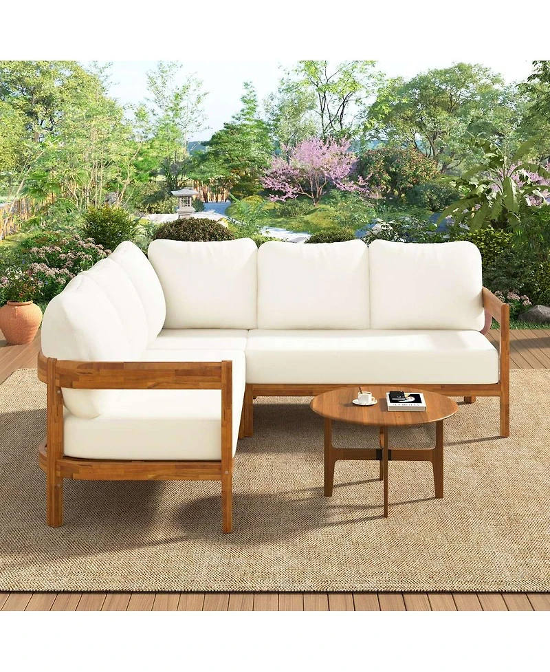 Asagikoiai Outdoor Patio Sectional Sofa, Solid Wood L-Shaped Conversation Set with Cushions-Asagikoiai