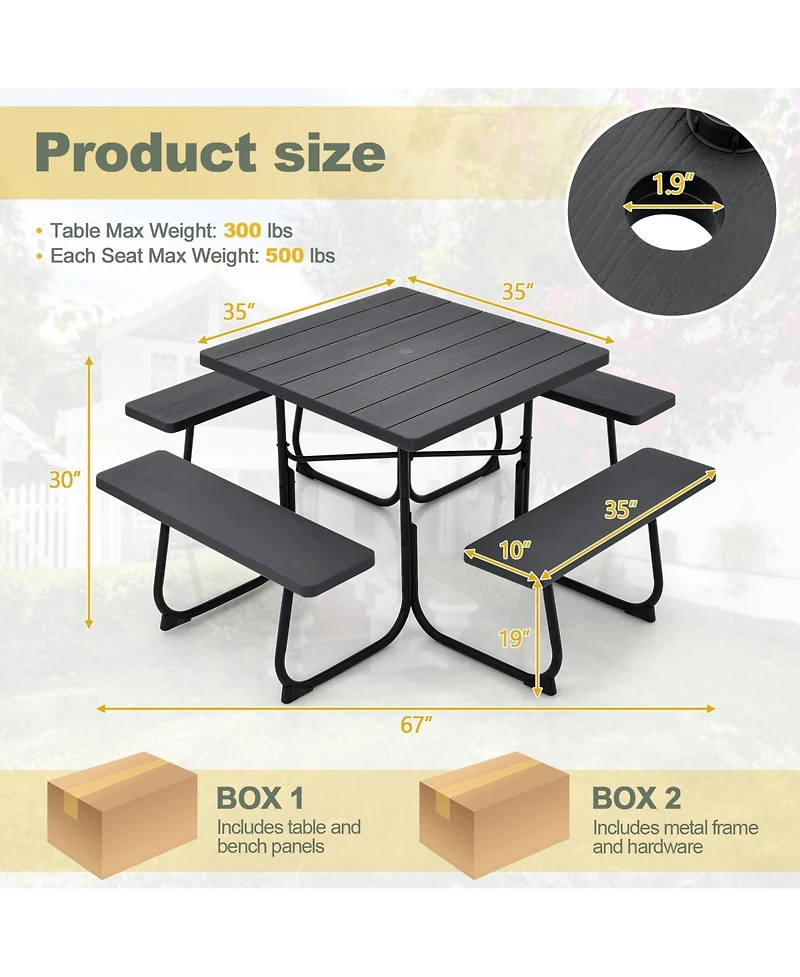 Gymax Outdoor Picnic Table 8-person Square Bench Set with 4 Benches and Umbrella Hole