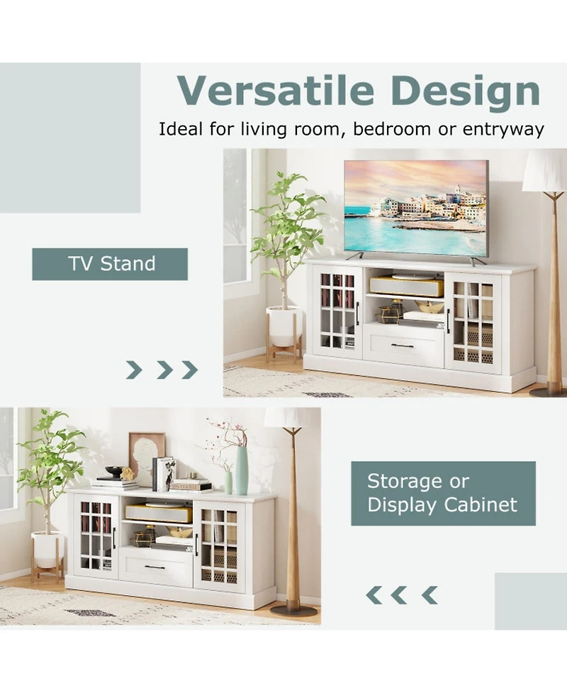 Gouun Farmhouse Tv Stand with Glass Doors and Drawer for TVs up to 70 in