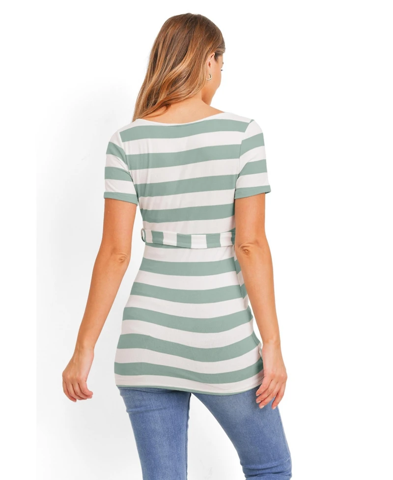 Hello Miz Women's Maternity Striped Tie-Waist Short Sleeve Tunic Top