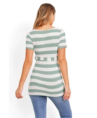 Hello Miz Women's Maternity Striped Tie-Waist Short Sleeve Tunic Top