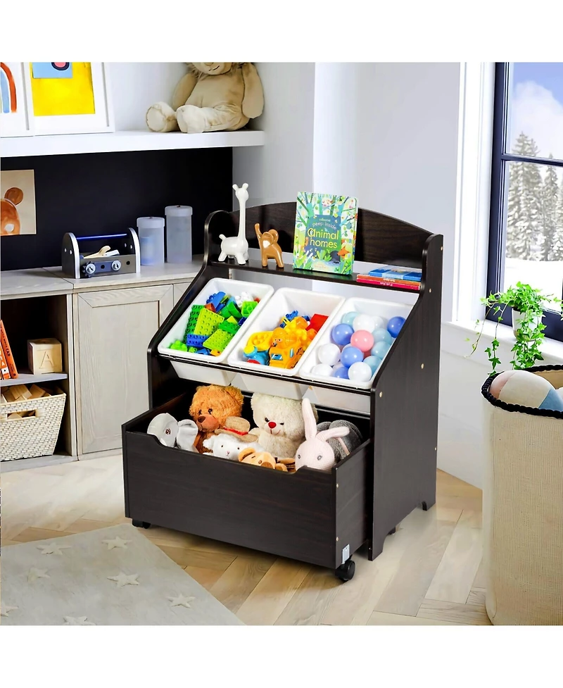 Slickblue Kids Storage Cabinet with Plastic Bins and Rolling Toy Box