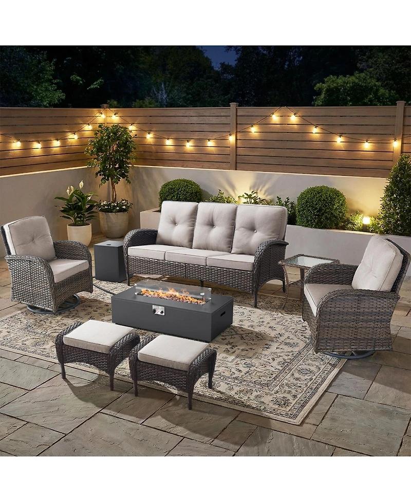 Pocassy 8 Piece Patio Furniture Set with 43" Fire Pit Kit Wicker Rattan Outdoor Sofa Swivel Rocker Chairs and Thickened Cushions