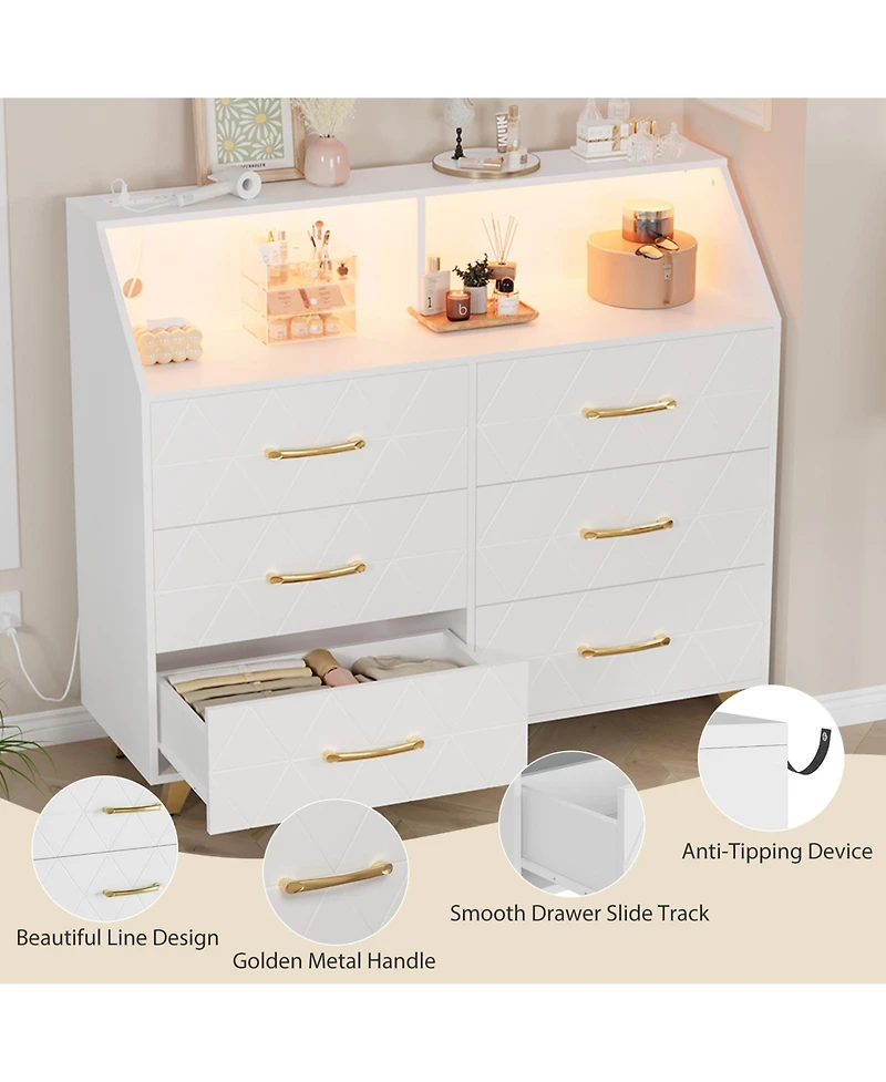 homfan 6-Drawer Dresser with Charging Station and Led Lights,Engineered Wood Storage Chest with Gold Metal Legs,Anti-Tip Multi-Functional Home Cabinet