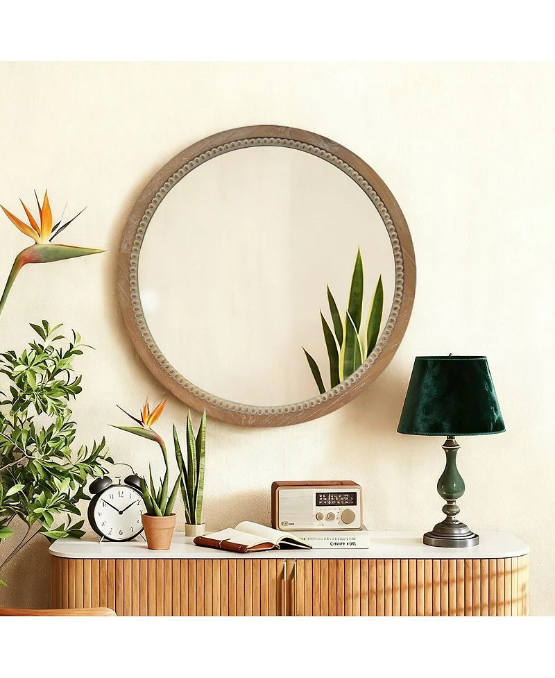Laoties 23.6" Farmhouse Round Wall Mirror Beaded Trim for Living Room and Bathroom