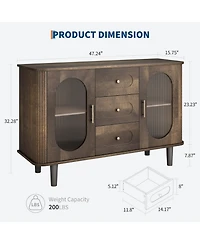 homfan 47.2 Inch Mid-Century Fluted Glass Sideboard with 3 Drawers, Adjustable Shelves and Anti-Wobble Base, Coffee Bar Entryway Credenza