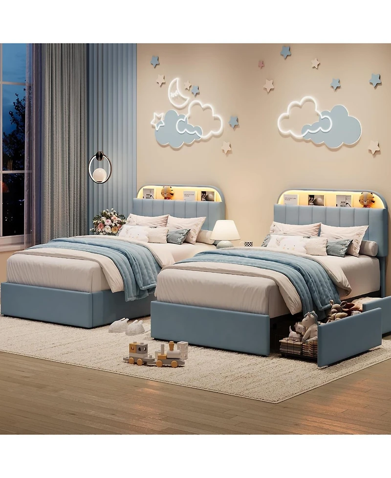 gaomon Bed Frame with 2 Flexible Drawers, Upholstered Platform Bookcase Headboard and Led Lights