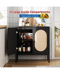 homfan 36 Inch Engineered Wood Oval Rattan Door Sideboard Buffet Cabinet, Storage Credenza with Metal Frame for Dining Room Living